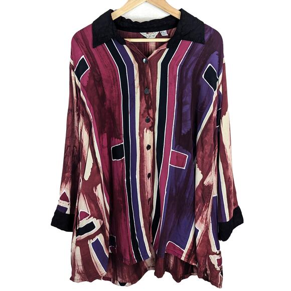 Lyng Art to Wear Oversized Tunic Shirt Blouse Button Up Lagenlook Abstract XL/0X - Picture 1 of 7